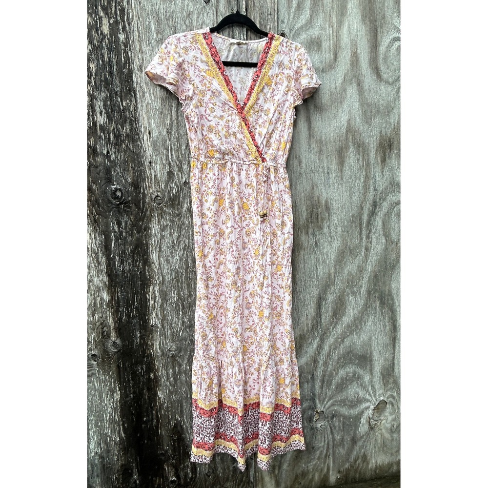 Bebop Women Pink Floral Boho Maxi Dress Short Sleeve Faux Wrap Medium RAMY-1043